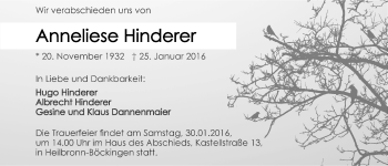 Traueranzeige von Anneliese Hinderer 
