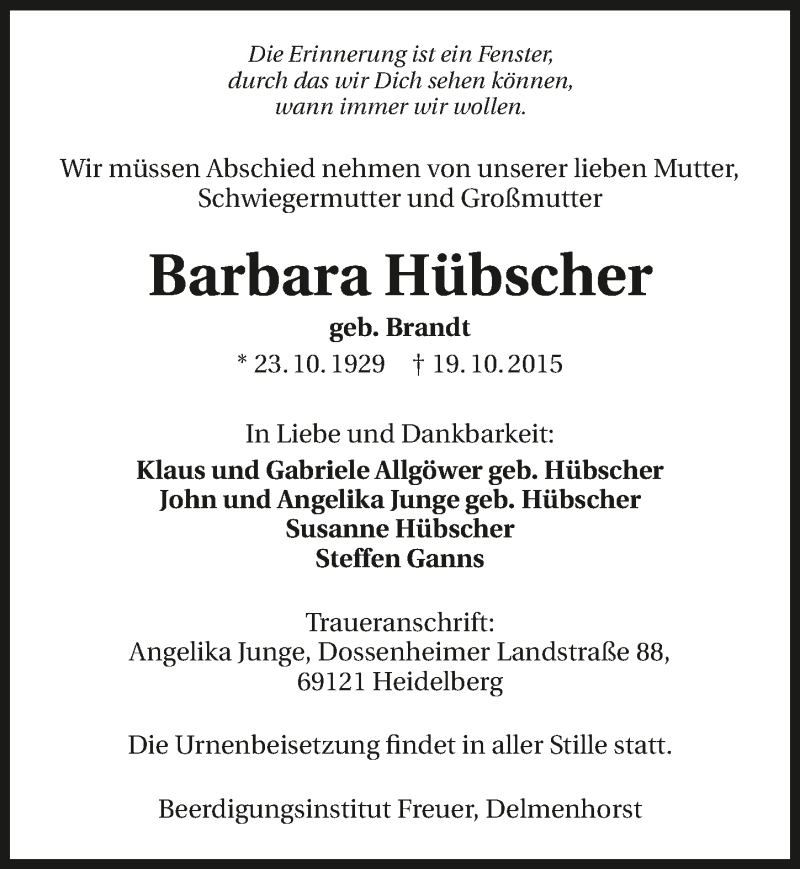  Traueranzeige für Barbara Hübscher vom 24.10.2015 aus 