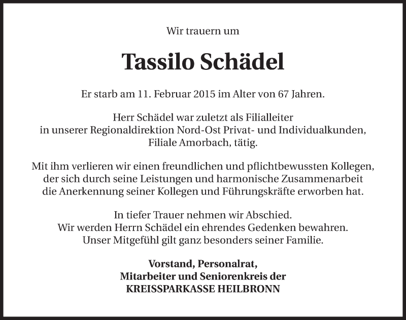  Traueranzeige für Tassilo Schädel vom 14.02.2015 aus 