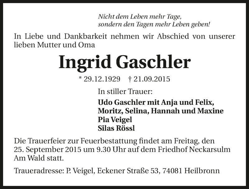  Traueranzeige für Ingrid Gaschler vom 24.09.2015 aus 