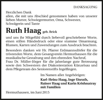 Traueranzeige von Ruth Haag 