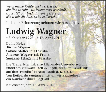 Traueranzeige von Ludwig Wagner 