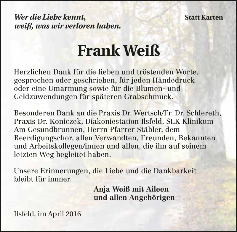  Traueranzeige für Frank Weiß vom 28.04.2016 aus 