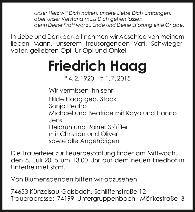  Traueranzeige für Firedrich Haag vom 04.07.2015 aus 