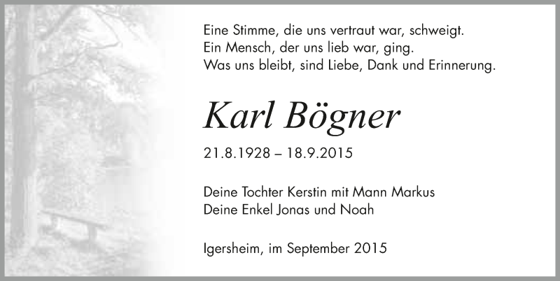  Traueranzeige für Karl Bögner vom 22.09.2015 aus 