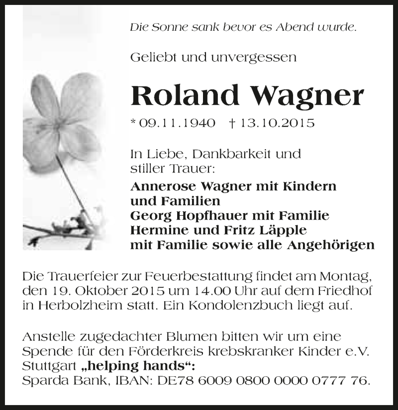 Traueranzeige für Roland Wagner vom 15.10.2015 aus 