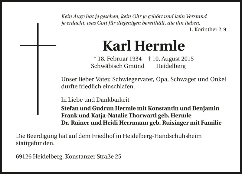  Traueranzeige für Karl Hermle vom 29.08.2015 aus 