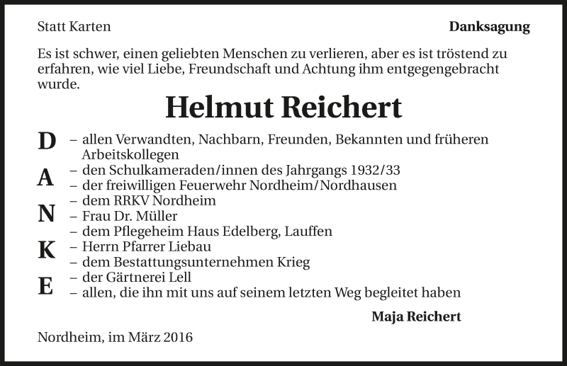  Traueranzeige für Helmut Reichert vom 02.04.2016 aus 