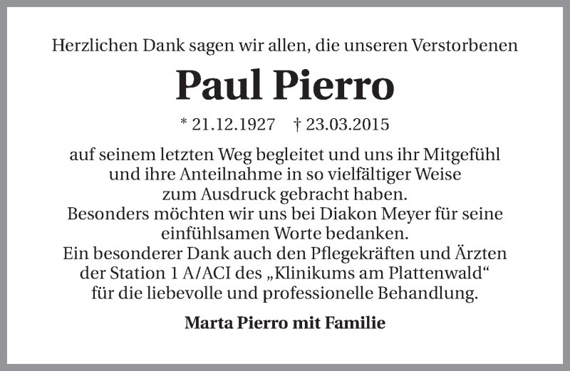  Traueranzeige für Paul Pierro vom 04.04.2015 aus 