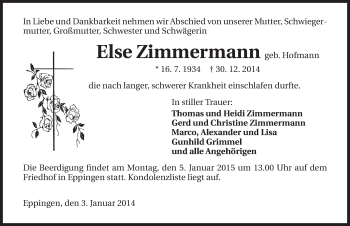 Traueranzeige von Else Zimmermann 