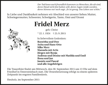 Traueranzeige von Fridel Merz 