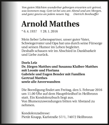 Traueranzeige von Arnold Matthes 