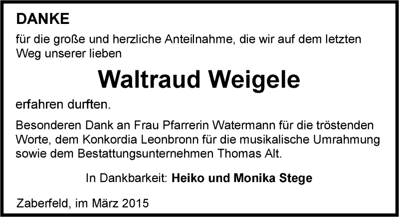 Traueranzeige für Waltraud Weigele vom 21.03.2015 aus 