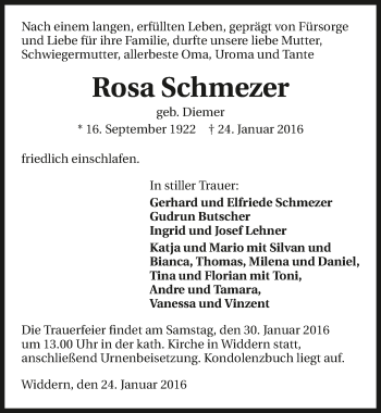 Traueranzeige von Rosa Schmezer 