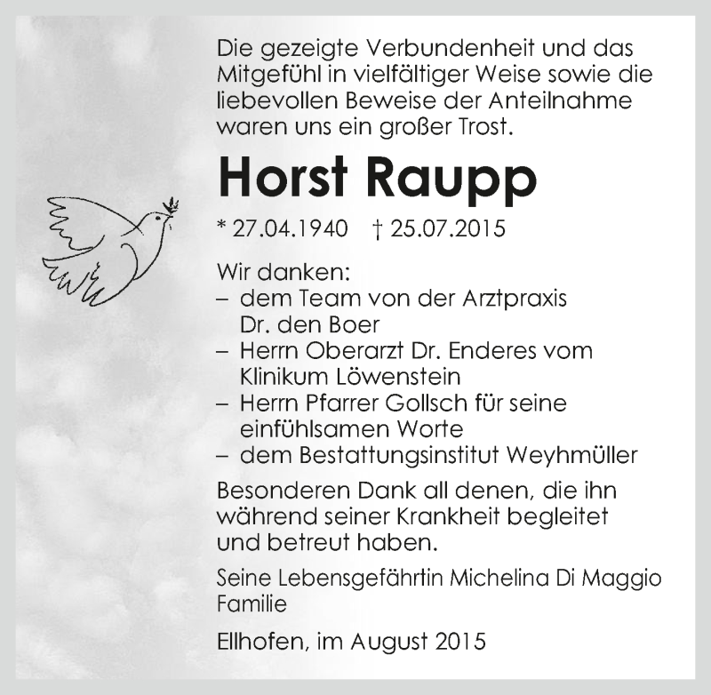  Traueranzeige für Horst Raupp vom 15.08.2015 aus 