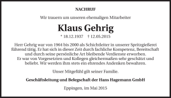 Traueranzeige von Klaus Gehrig 