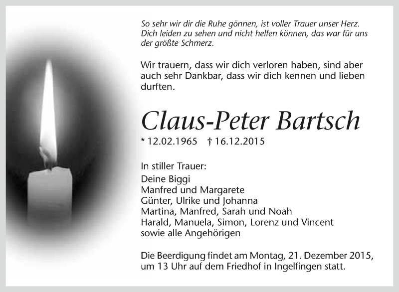 Traueranzeige für Claus-Peter Bartsch vom 18.12.2015 aus 