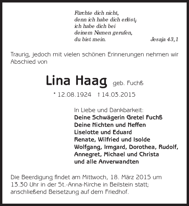  Traueranzeige für Lina Haag vom 17.03.2015 aus 