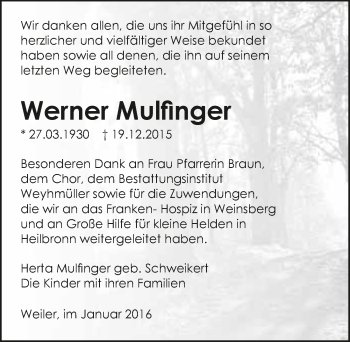 Traueranzeige von Werner Mulfinger 