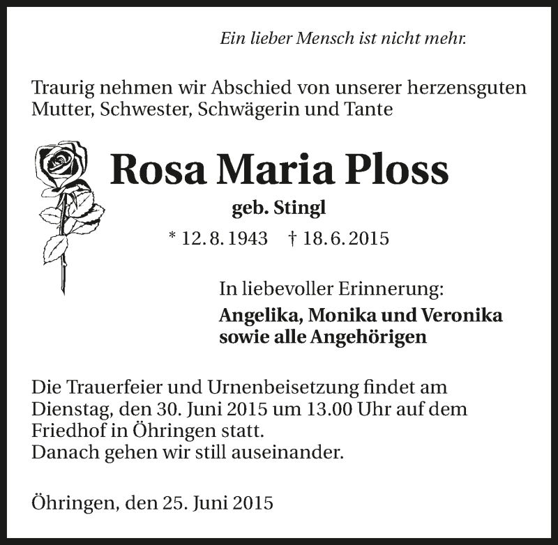  Traueranzeige für Rosa Maria Ploss vom 25.06.2015 aus 