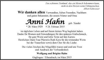 Traueranzeige von Anni Hahn 