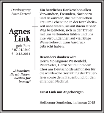 Traueranzeige von Agnes Link 