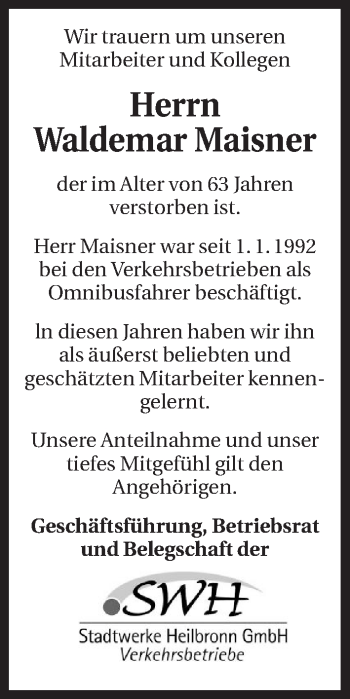 Traueranzeige von Waldemar Maisner 
