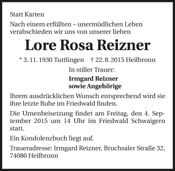Traueranzeige von Lore Reizner 