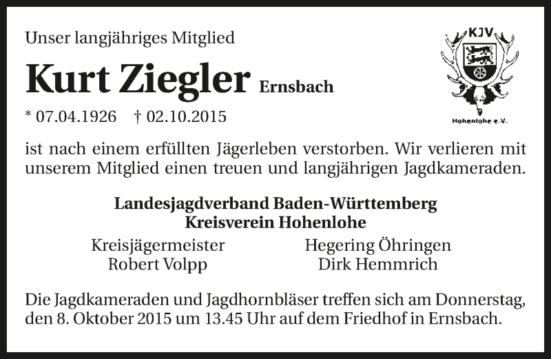  Traueranzeige für Kurt Ziegler vom 06.10.2015 aus 