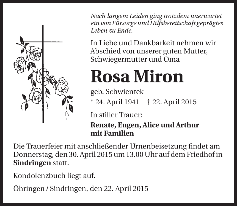  Traueranzeige für Rosa Miron vom 27.04.2015 aus 