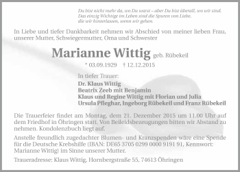 Traueranzeige von Marianne Wittig 