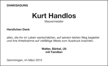 Traueranzeige von Kurt Handlos 