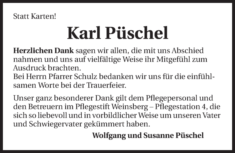  Traueranzeige für Karl Püschel vom 13.05.2015 aus 
