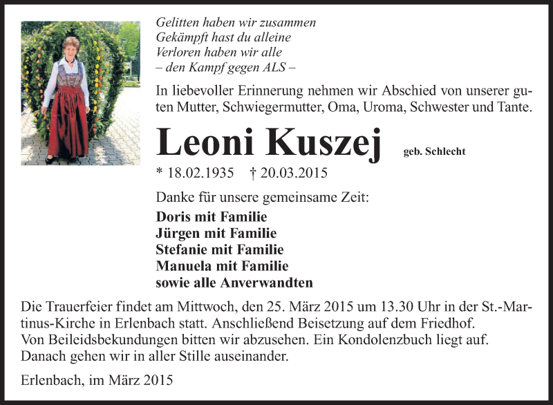  Traueranzeige für Leonie Kuszej vom 23.03.2015 aus 