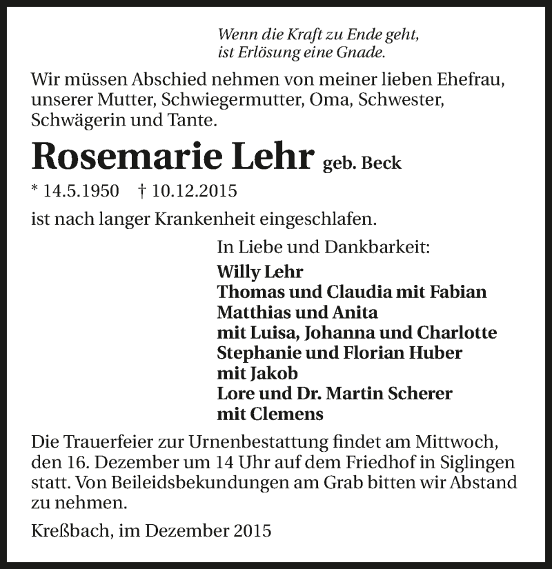 Traueranzeige für Rosemarie Lehr vom 14.12.2015 aus 