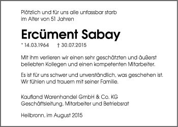 Traueranzeige von Ercüment Sabay 
