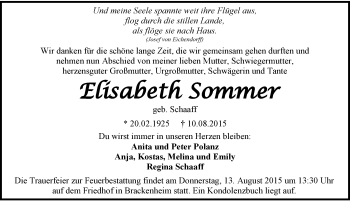 Traueranzeige von Elisabeth Sommer 