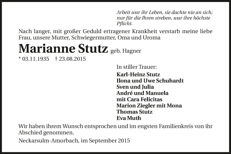  Traueranzeige für Marianne Stutz vom 10.09.2015 aus 