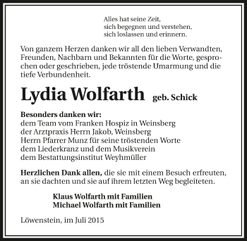 Traueranzeige von Lydia Wolfarth 