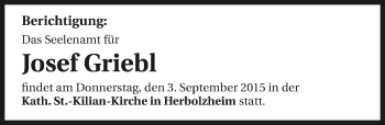Traueranzeige von Josef Griebl 