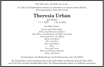 Traueranzeige von Theresia Urban 
