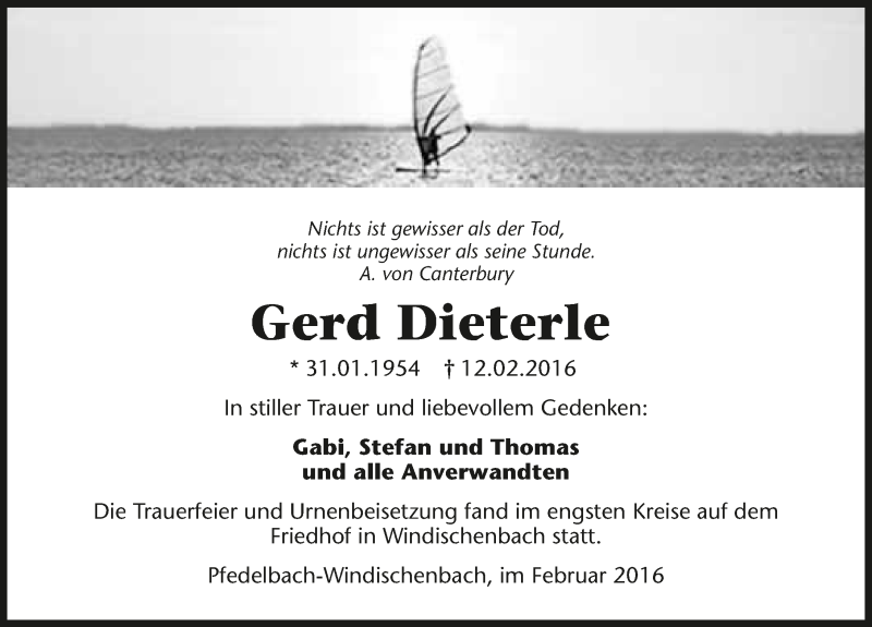  Traueranzeige für Gerd Dieterle vom 23.02.2016 aus 
