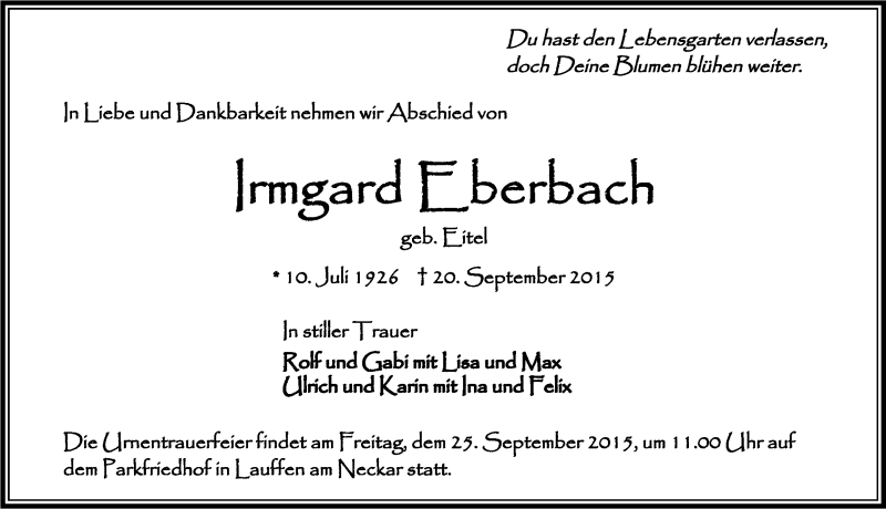  Traueranzeige für Irmgard Eberbach vom 22.09.2015 aus 