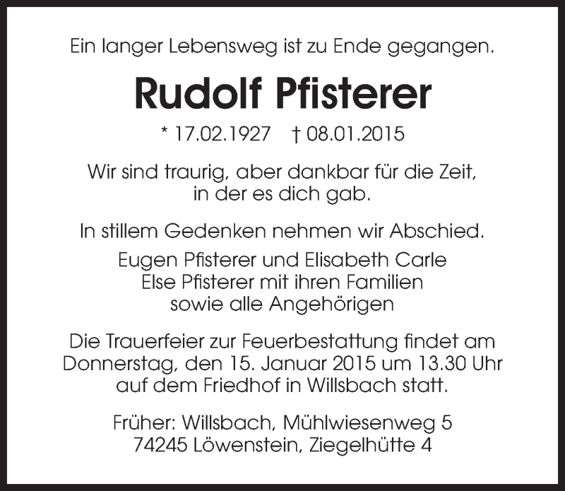  Traueranzeige für Rudolf Pfisterer vom 12.01.2015 aus 