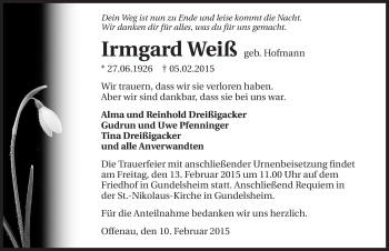 Traueranzeige von Irmgard Weiß 