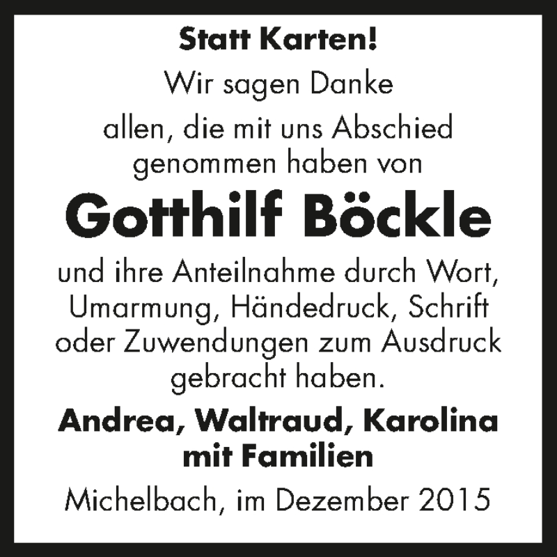  Traueranzeige für Gotthilf Böckle vom 15.12.2015 aus 
