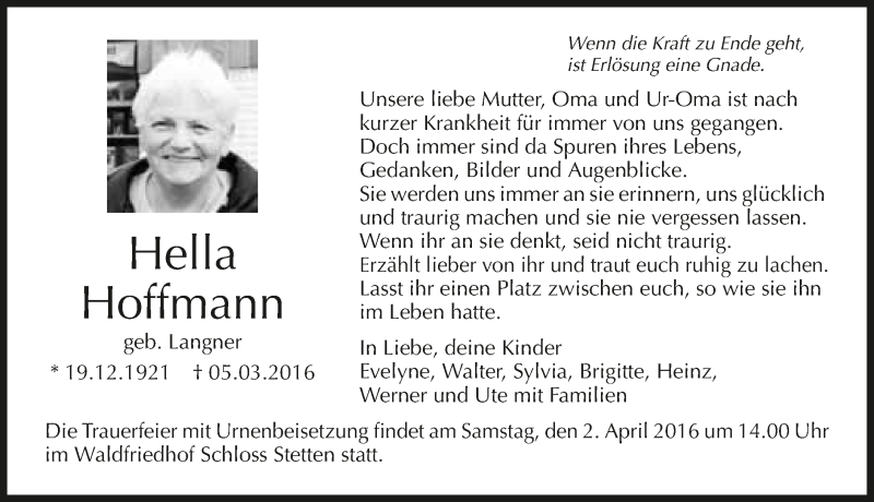  Traueranzeige für Hella Hoffmann vom 29.03.2016 aus 