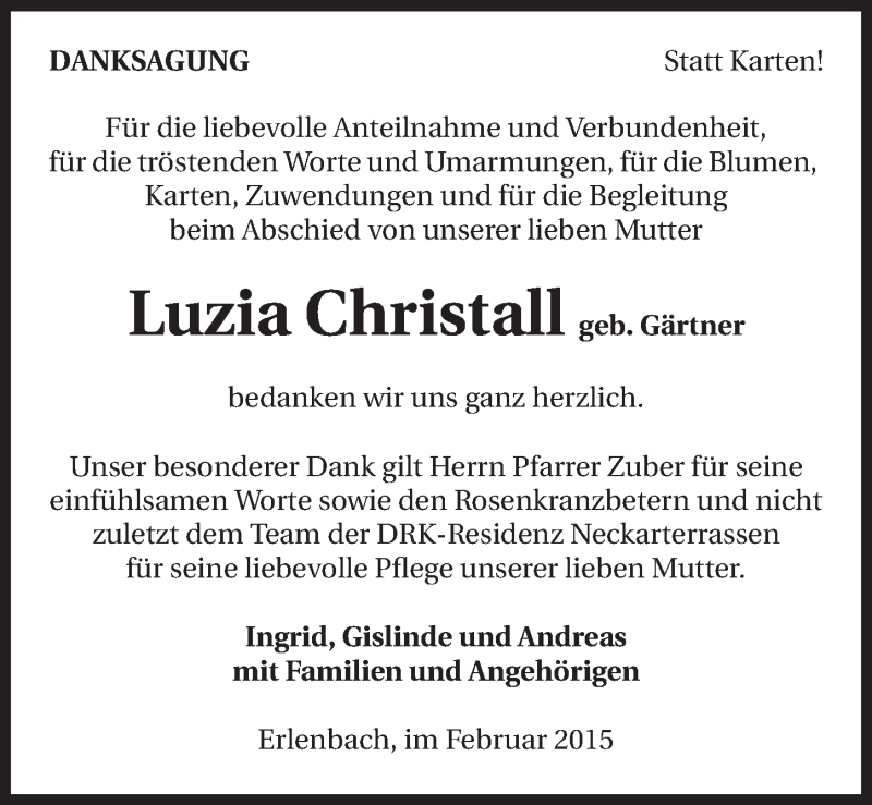  Traueranzeige für Luzia Christall vom 21.02.2015 aus 