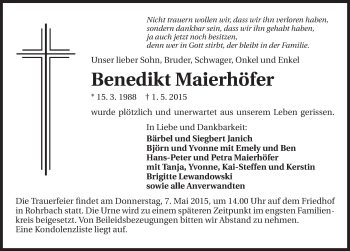 Traueranzeige von Benedikt Maierhöfer 
