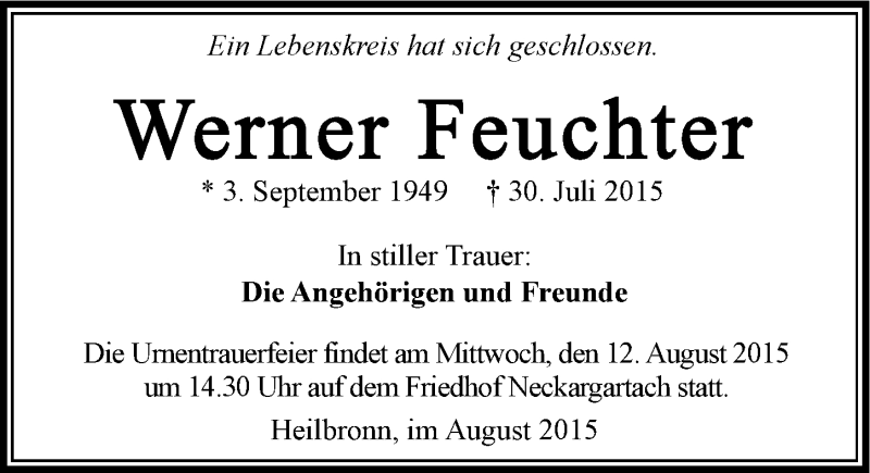  Traueranzeige für Werner Feuchter vom 08.08.2015 aus 